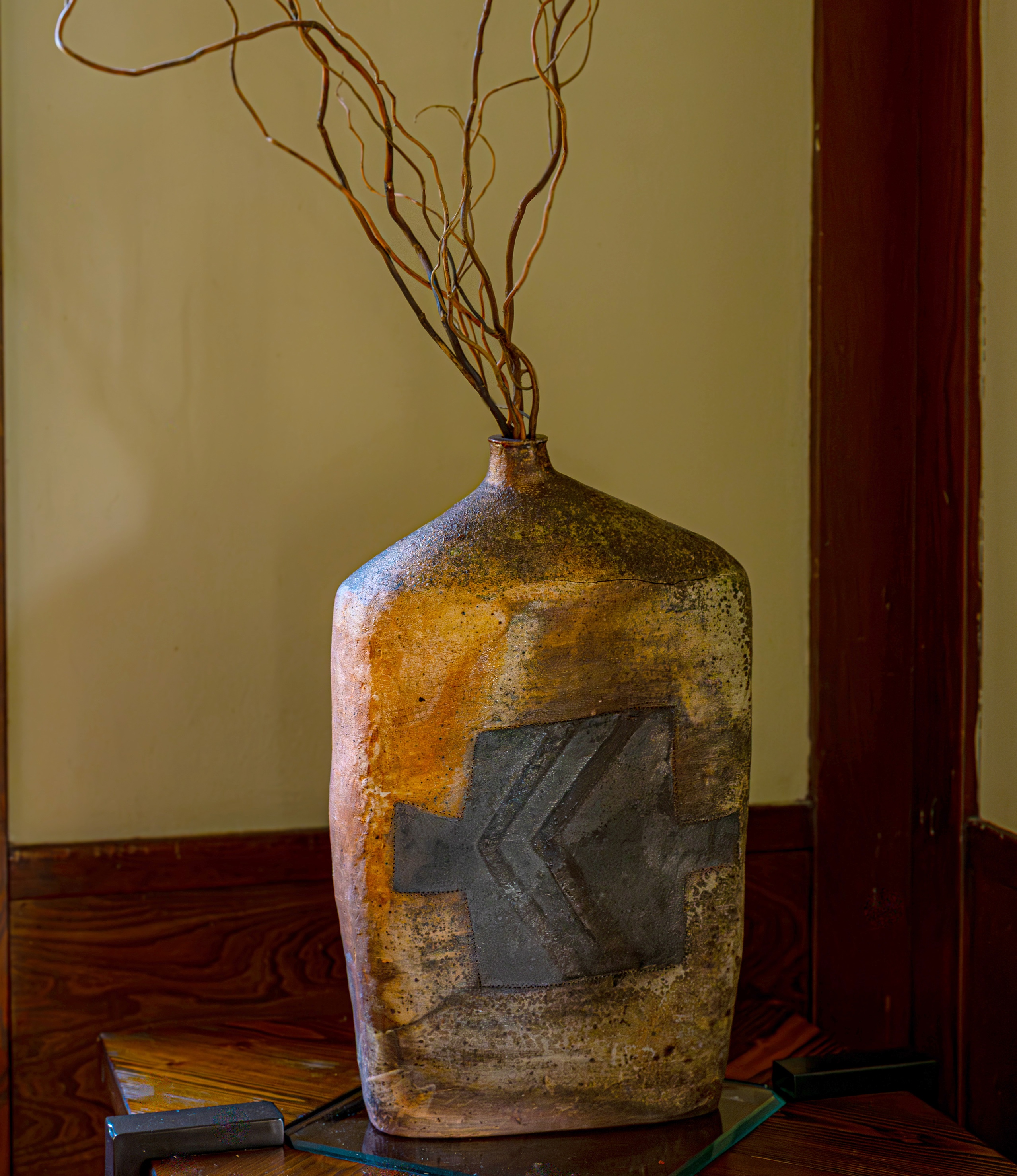 Tall wood-fired ceramic bottle