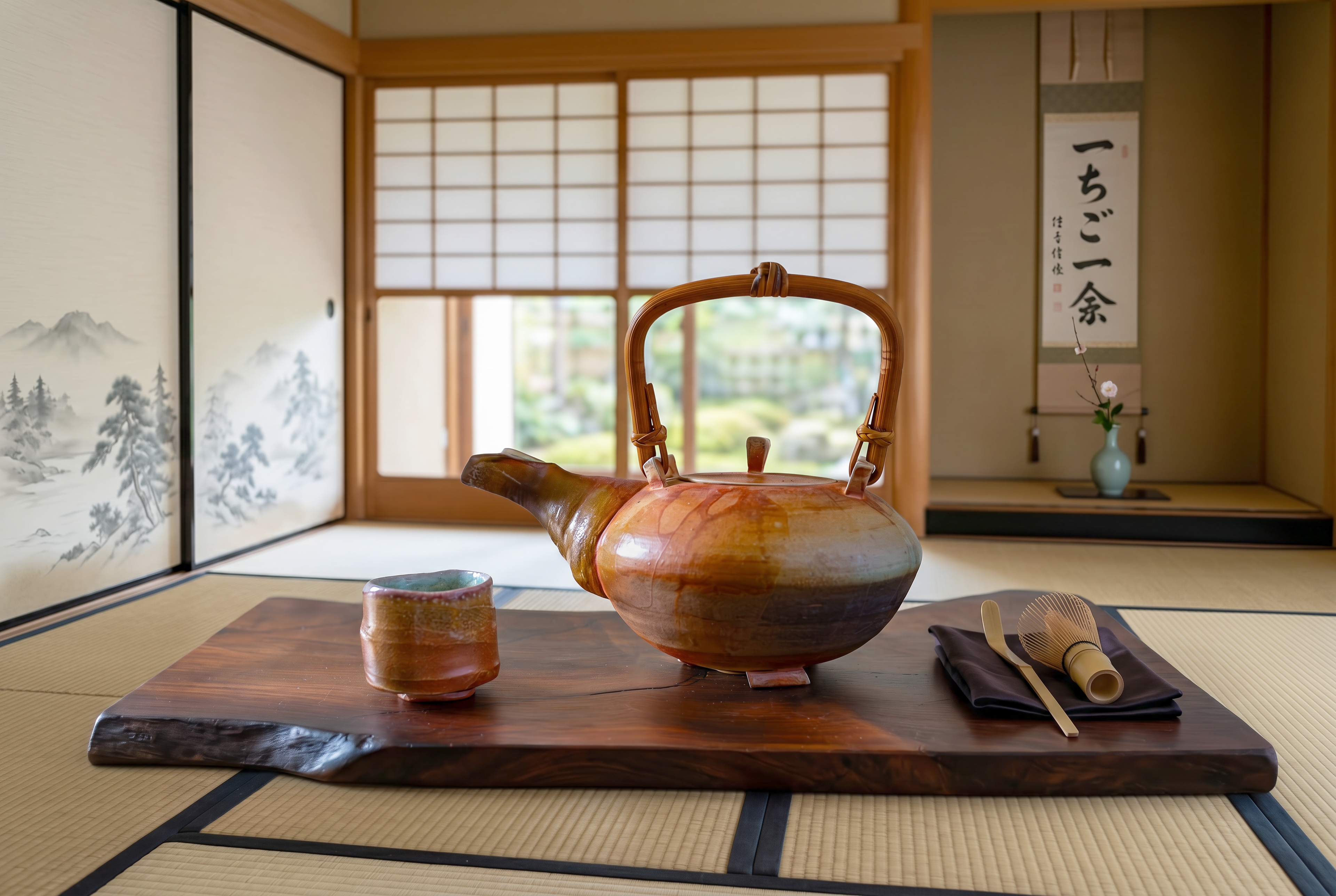 Orange soda-fired teapot in a Japanese-inspired table setting